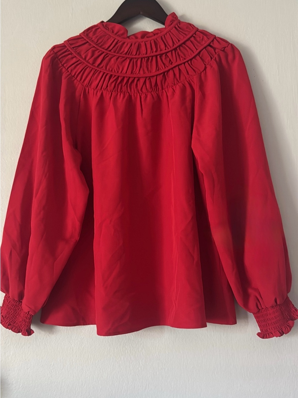 Cato Red Smocked Yoke Long Sleeve Blouse